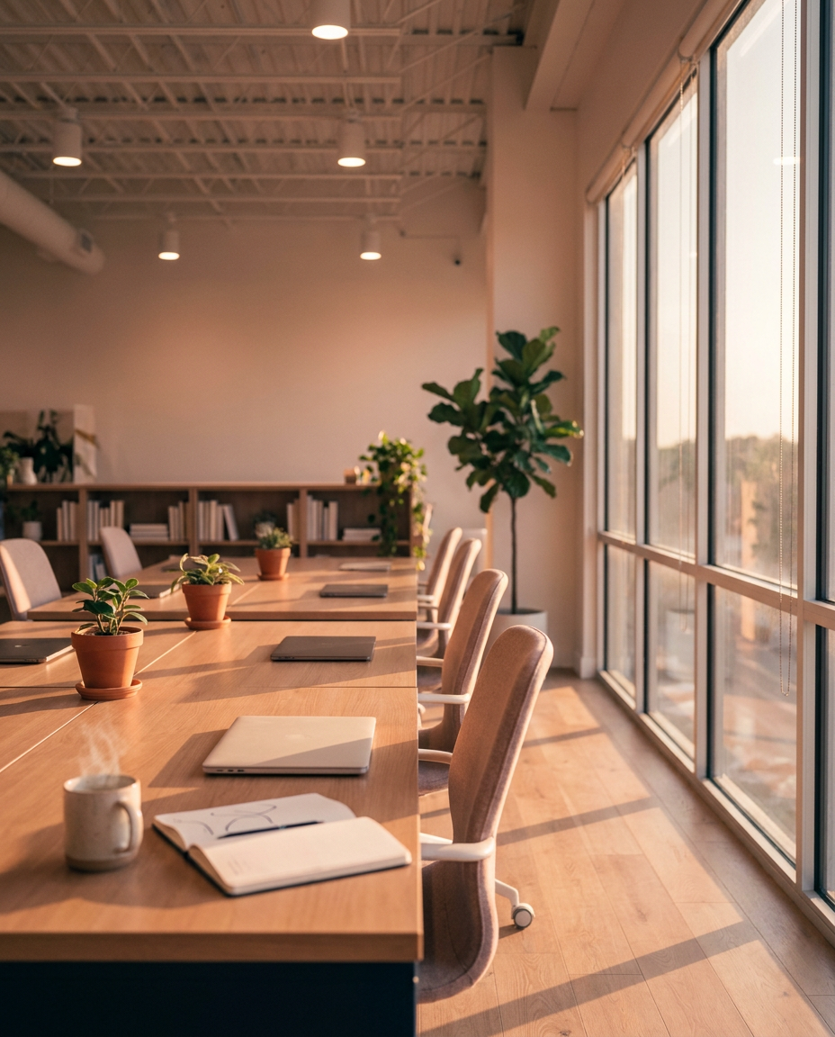 A Jacksonville manufacturing floor at golden hour, between shifts