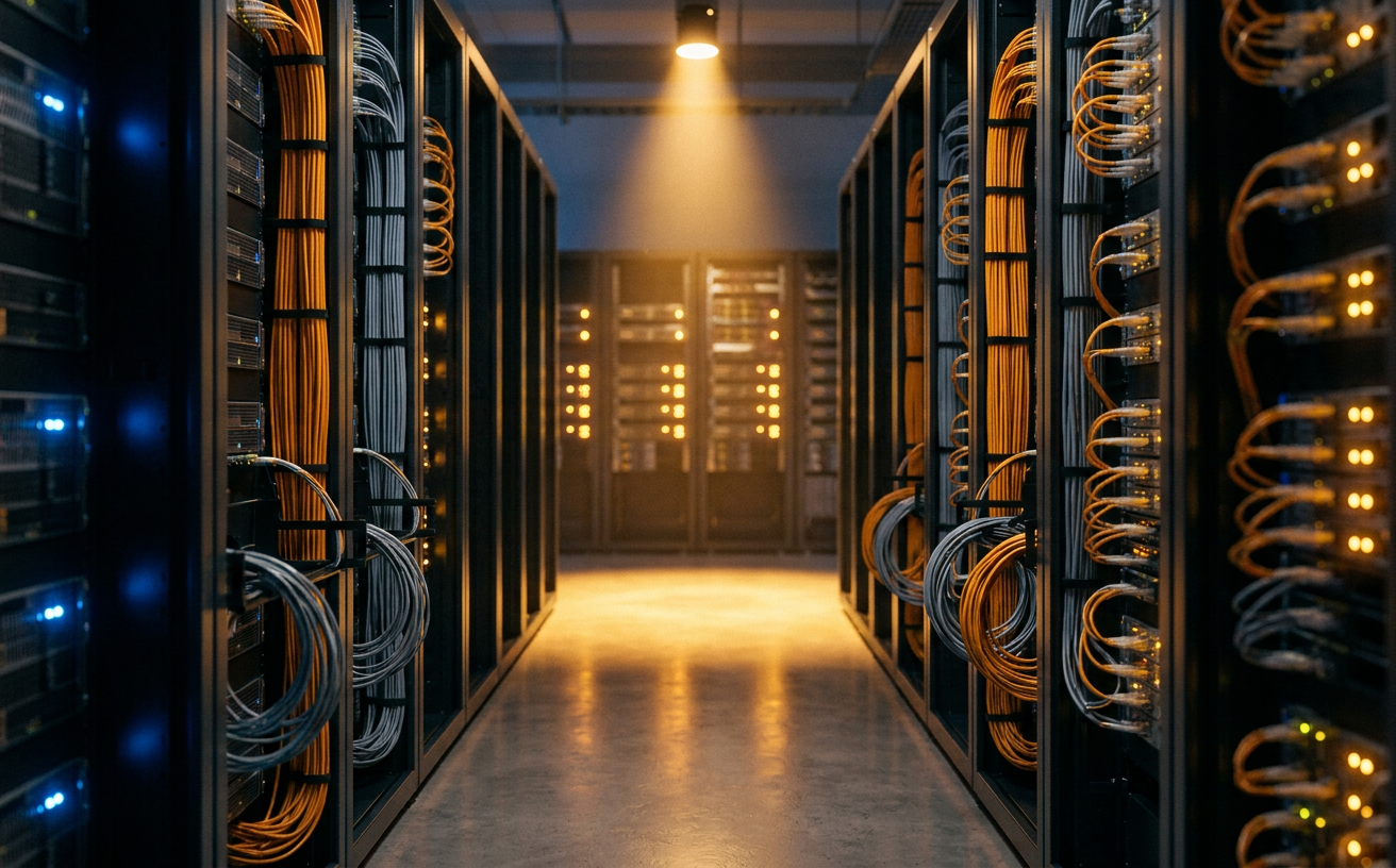 A tidy modern server room corridor with neat fiber cabling and amber LED light